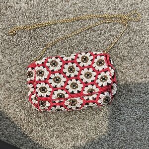 Anthropologie Floral Beaded Crossbody Bag - Red and White